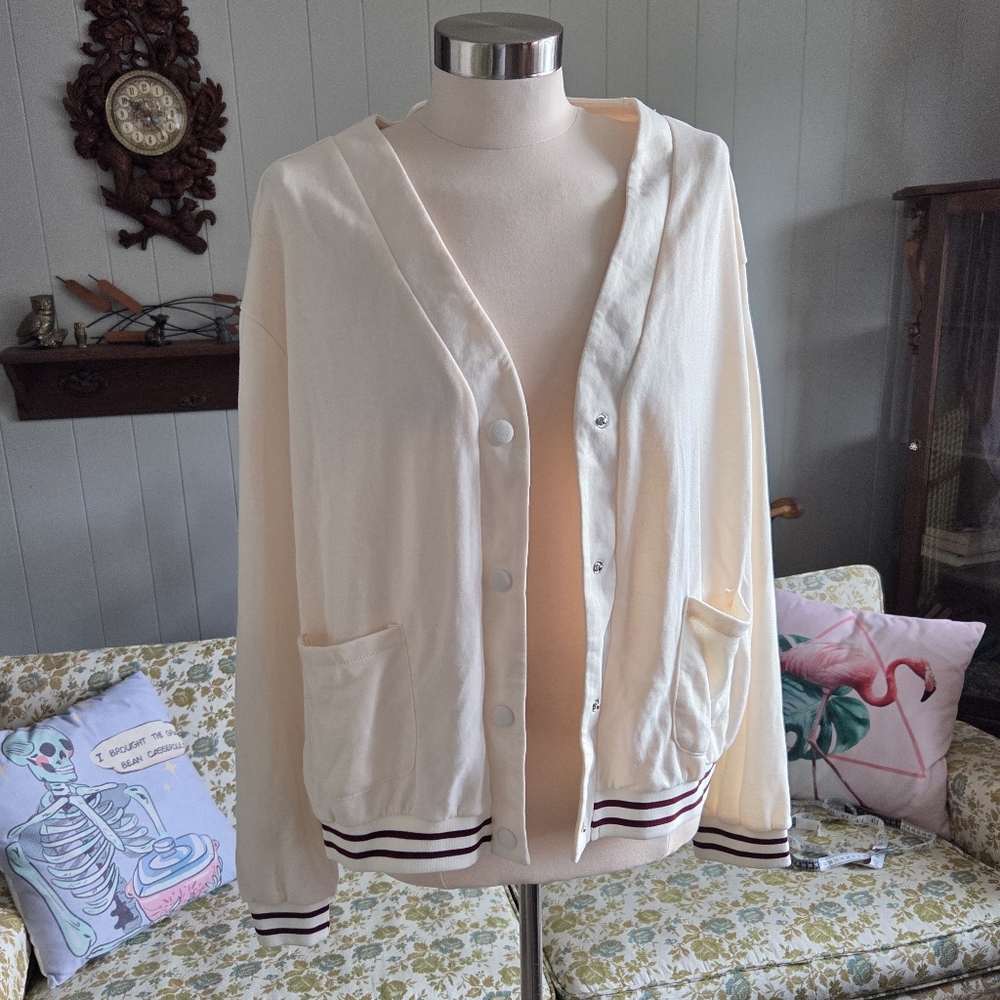 🪨 Women's Cream Varsity Cardigan with Striped Hem